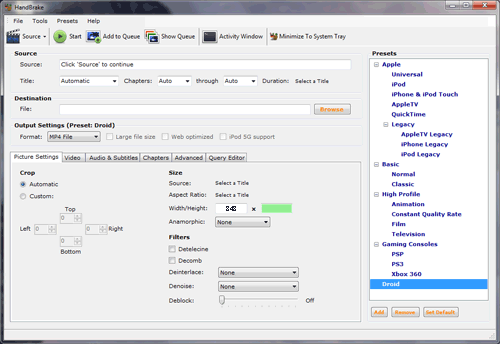 HandBrake setting for the Motorola DROID Phone Select iPod legacy, change width to 848 (should turn box green automatically). Exact Settings: